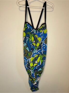 Speedo Endurance Competition Swimming Floral One-Piece Swimsuit - Blue & Green